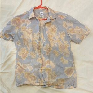 Zara Men's Casual Floral Shirt - light blue and Tan